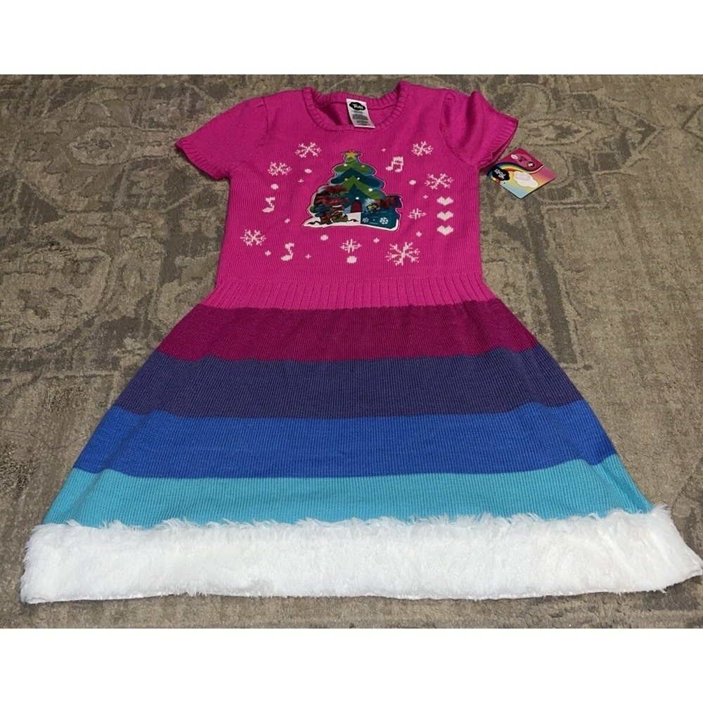 Trolls Movie Youth Girls Pink Rainbow Holiday Sweater Dress Sz‎ Large 10-12 New